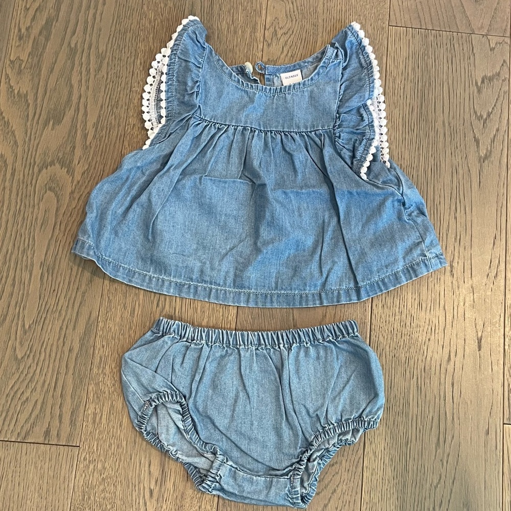 Old navy denim chambray embroidered ruffle set